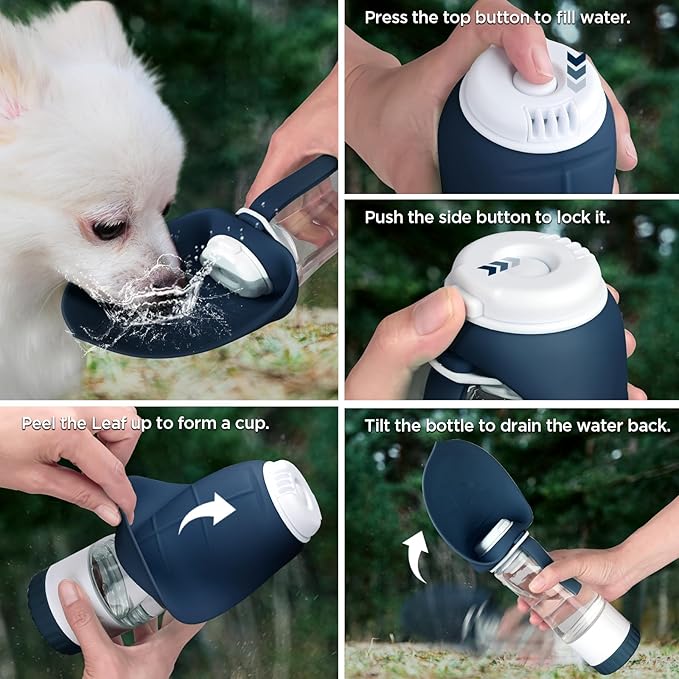 Dog Water Bottle, Pet Water Bottle with Food Container and Drinking Feeder, Leak Proof, BPA-Free, Portable Foldable Puppy Water cup Dispenser for Outdoor Walking, Travel, Small Dark Blue