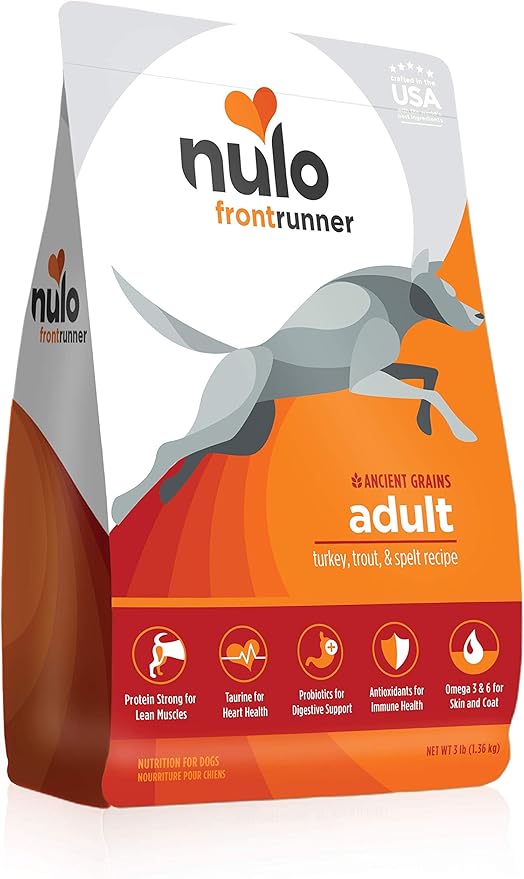 Nulo Frontrunner Dry Dog Food for Adult Dogs - Grain Inclusive Recipe with Turkey, Trout, & Spelt - All Natural with High Taurine Levels - Animal Protein for Lean Strong Muscles, Orange, 3 lb