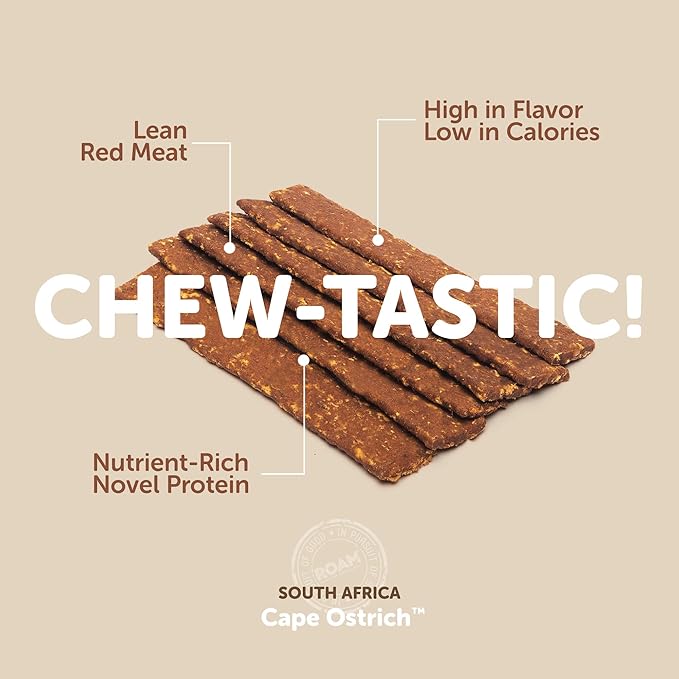 ROAM PET TREATS Ossy Jerky Dog Treats, Single Sourced Novel Protein Jerky Treats Made from Ostrich for Dog