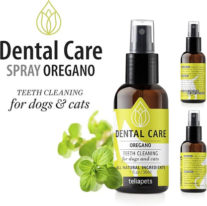 Teliapets Oregano Dental Care Spray for Pet's Teeth & Gums - Natural Dog's & Cat's Teeth Cleanser - Bad Breath, Plaque, Periodontitis & Gingivitis Fighter -Quick & Simple Oral Relief - 30ml / 1oz