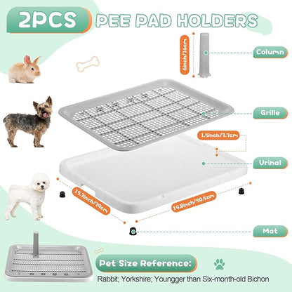 2 Pack Puppy Pee Pad Holder Easy Clean Dog Potty Tray with Diversion Column Nonslip Heighten Dog Litter Box Corner Floor Protection Portable for Small Medium Dog Indoor, White(20x15x1.5 Inch)