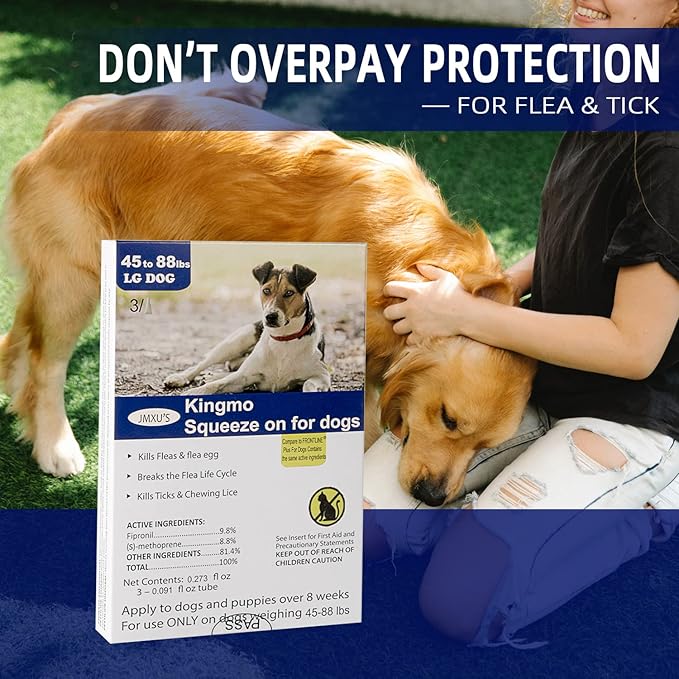 Flea and Tick Prevention for Dogs, Dogs Flea & Tick Treatment with Fipronil, Long-Lasting & Fast-Acting Topical Flea & Tick Control Drops (3 Doses, 45-88lbs)