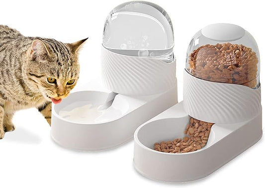 BNOSDM 2 Pcs Gravity Dog Feeder and Water Dispenser Automatic Dog Cat Food and Water Dispenser Set Large Capacity Pet Self Feeder Station for Indoor Small and Medium Sized Dog, Cats (2 L, White)