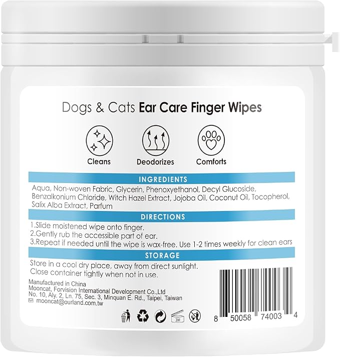 Mooncat Ear Cleaner Wipes｜Ear Cleansing Finger Wipes for Cats ｜Ear Wipes for Cats｜Dog Grooming Supplies｜Reduces Dirt and Cleans Wax Buildup｜Pet Ear Wash Wipes｜— 40 Finger Wipes