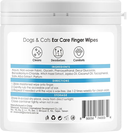 Mooncat Ear Cleaner Wipes｜Ear Cleansing Finger Wipes for Cats ｜Ear Wipes for Cats｜Dog Grooming Supplies｜Reduces Dirt and Cleans Wax Buildup｜Pet Ear Wash Wipes｜— 40 Finger Wipes