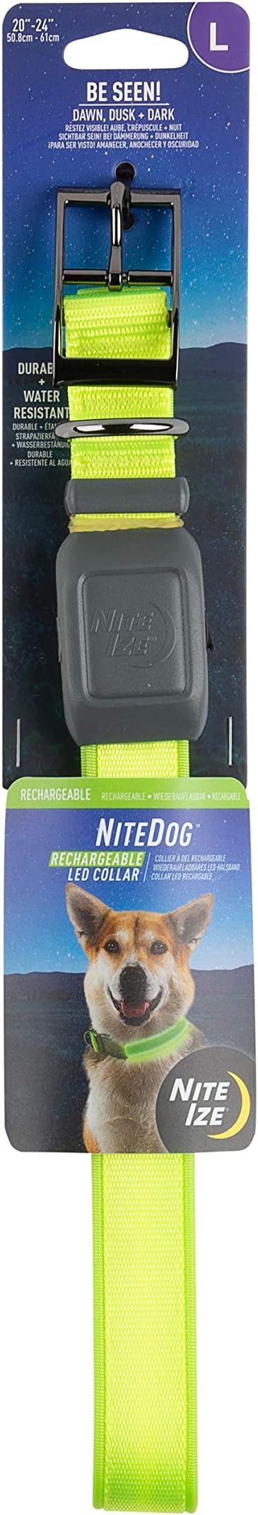 Nite Ize NiteDog Rechargeable LED Collar - Light Up Dog Collar with Durable Metal Buckle - Water-Resistant & Rechargeable Collar - Dog Supplies for Night Activities - Large, Lime