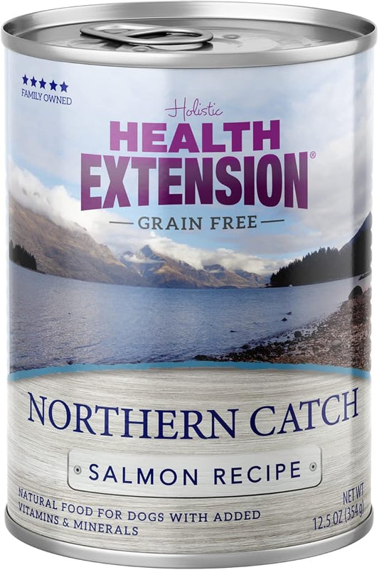 Health Extension Dog Food, Northern Catch Salmon Recipe - 12.5 oz, Grain Free, Added Vitamins and Minerals, for All Life Stages, Vet Formulated, Improve Gut Health, Immune Support (Case of 12 Cans)