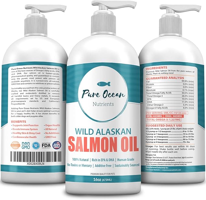 Wild Alaskan Salmon Fish Oil for Dogs & Cats 16 Ounce; Natural Liquid Supplement with Omega 3's to Support Joint, Heart, and Immune Health; Essential Fatty Acids Promote a Shiny Coat and Healthy Skin
