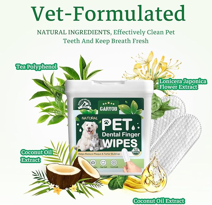 Pet Teeth Cleansing Finger Wipes for Dogs and Cats, Disposable No-Rinse Dog Finger Toothbrush Oral Cleansing Wipes, Reduces Plaque and Freshens Breath Dog Cat Dental Care Finger Wipes, 50 Counts