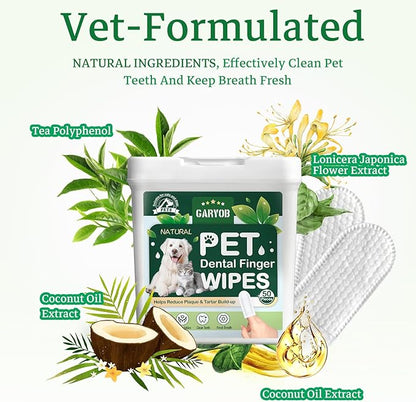 Pet Teeth Cleansing Finger Wipes for Dogs and Cats, Disposable No-Rinse Dog Finger Toothbrush Oral Cleansing Wipes, Reduces Plaque and Freshens Breath Dog Cat Dental Care Finger Wipes, 50 Counts