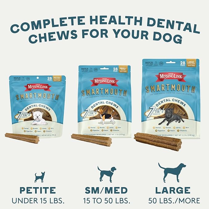 The Missing Link Smartmouth Vet Developed Dental Chew Treats, 7-in-1 Benefits: Healthy Teeth & Gums, Breath, Skin, Joints, Digestion, Heart, Immune System – Petite/XS 5-15lb Dogs, 28 Ct