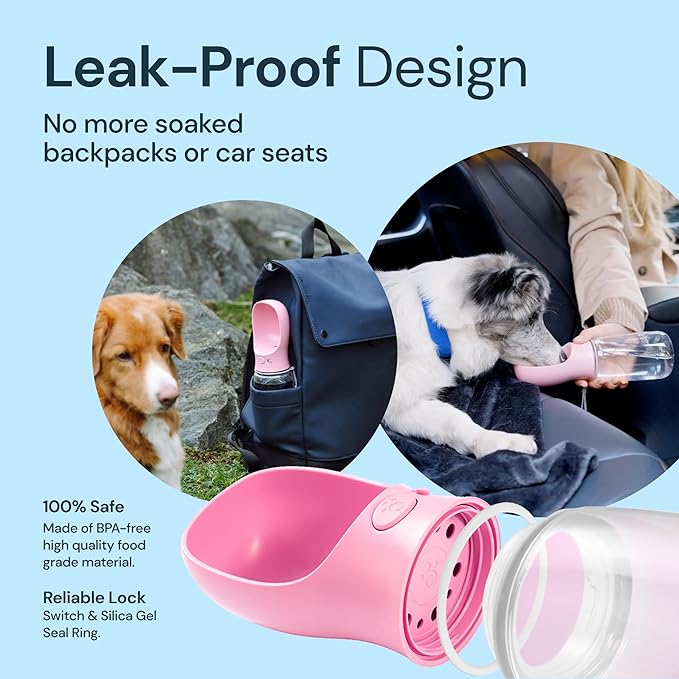MalsiPree Dog Water Bottle Portable – Leak Proof and Lightweight Water Bottle for Dogs – Dog Travel Water Bottle with Bowl – Dog Walking Accessories (12OZ, Pink)