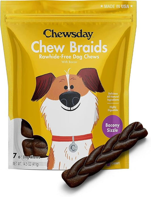 6-Inch Dog Chew Braids, Made in The USA, All Natural Rawhide-Free Highly-Digestible Treats, Bacony Sizzle - 7 Count