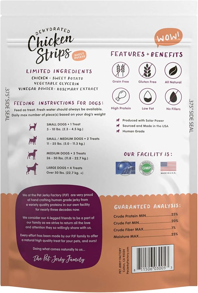 Premium Chicken & Sweet Potato 5 oz. Dog Jerky Treats |100% Human Grade | USA Made | High Protein | Low Fat | Grain Free | Limited Ingredients | BHA-BHT Free | Soft-Tender