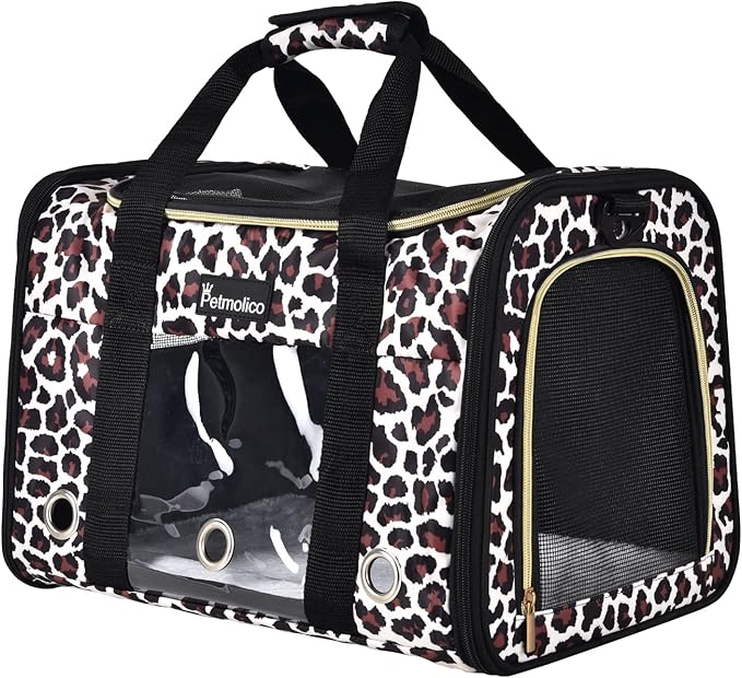Petmolico Cat Carrier Dog Carrier, Airline Approved Soft Pet Travel Carrier with 3 Open Doors Mesh Windows for Cats Puppy 16 lbs, Leopard