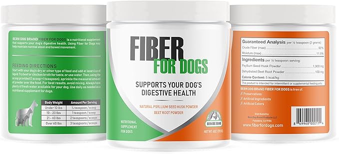 Fiber for Dogs Psyllium Seed Husk Powder & Dehydrated Beet Root Powder Aids a Number of Intestinal Disorders in Dogs Including Diarrhea, Constipation & Anal Gland Issues. Available in 6 and 12 oz.