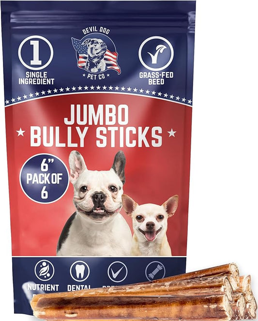 Devil Dog Pet Co. Jumbo Bully Sticks – 6 Inch 6 Pack Chew Treats, 100% All Natural, Free-Range Grass-Fed Beef – Long Lasting & Rawhide Free Bully Stick Dog Chews – Bully Sticks for Dogs