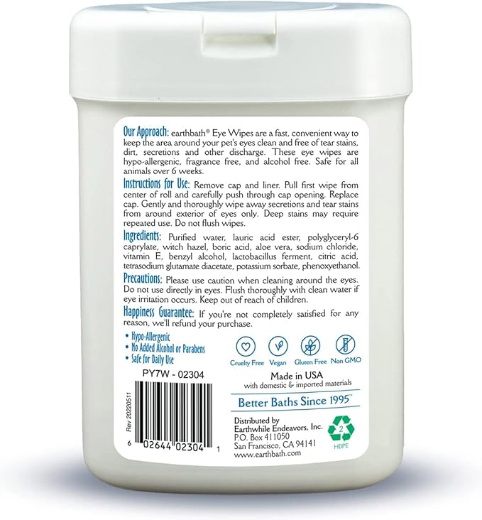 earthbath, Hypo-Allergenic Pet Eye Wipes - Tear Stain Remover, All Natural Pet Eye Wipes, Cat & Dog Soft Wipes, Made in USA - 25 Count (2 Pack)