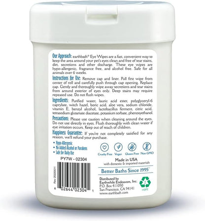 earthbath, Hypo-Allergenic Pet Eye Wipes - Tear Stain Remover, All Natural Pet Eye Wipes, Cat & Dog Soft Wipes, Made in USA - 25 Count (2 Pack)