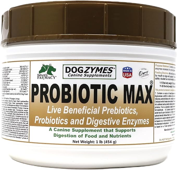 Dogzymes Probiotic Max -10 billion CFU's Probiotics, Prebiotics, Digestive Enzymes - Relieves Diarrhea, Upset Stomach, Constipation, Gas, Allergy, Immunity & Overall Health 1 pound