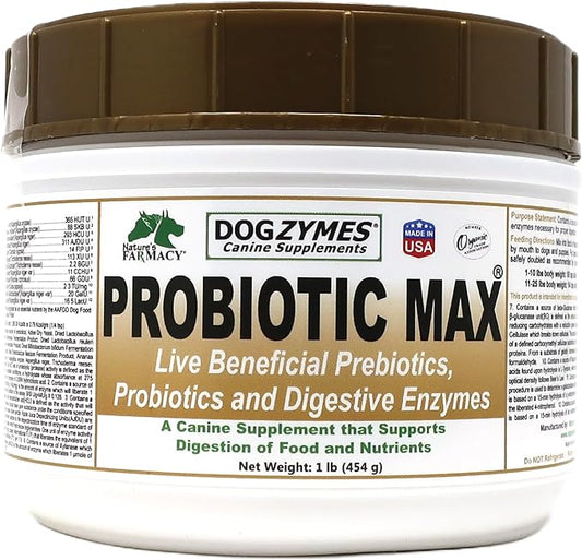 Dogzymes Probiotic Max -10 billion CFU's Probiotics, Prebiotics, Digestive Enzymes - Relieves Diarrhea, Upset Stomach, Constipation, Gas, Allergy, Immunity & Overall Health 1 pound
