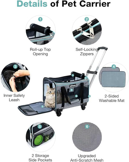 Cat Dog Carrier with Wheels Airline Approved Rolling Pet Carrier with Telescopic Handle, Shoulder Strap and Pet Bowl, Grey