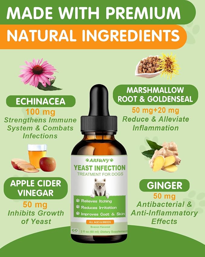 Natural Yeast Infection Treatment for Dogs | 60ML Supports Healthy Itch Relief | Dog Yeast Ear Infection Treatment | Dog Inflammation Relief, Allergy Relief & Skin Itch Relief | 2 fl oz, Bacon Flavor