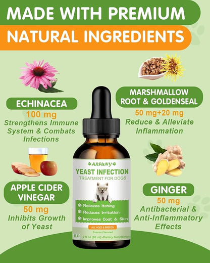 Natural Yeast Infection Treatment for Dogs | 60ML Supports Healthy Itch Relief | Dog Yeast Ear Infection Treatment | Dog Inflammation Relief, Allergy Relief & Skin Itch Relief | 2 fl oz, Bacon Flavor