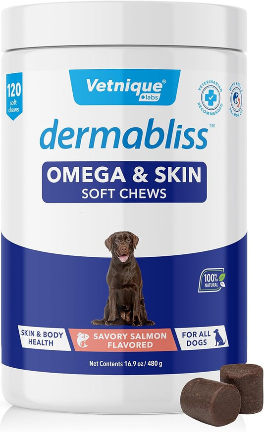 Vetnique Dermabliss Omega & Skin Health Fish Oil for Dogs Soft Chews Healthy Skin & Coat for Dogs with Biotin & DHA - Hickory Salmon Dog Treats (120ct Chews)