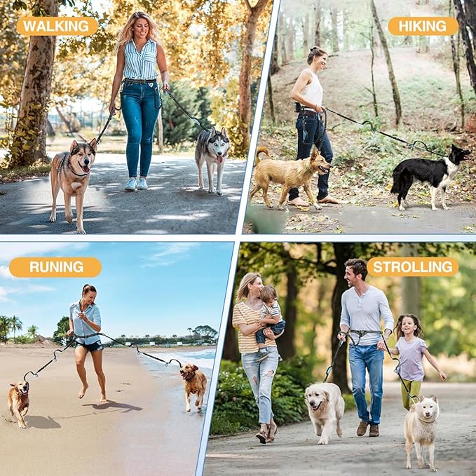 Kytely Hands Free Dog Leash with Zipper Pouch for 2 Dogs, Wide Padded Waist Dog Running Leash, Waist Leash for Dog Walking Dual Padded Handles, Retractable Bungee for Walking Jogging Training Hiking
