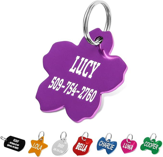 GoTags Dog Tags, Personalized Engraved Dog and Cat ID Tags for Pets, Custom Engraved on Both Sides, Various Shapes Including Bone, Round, Heart, Bow Tie, Star, and Badge (Flower, Small - Pack of 1)