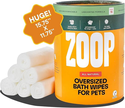 ZOOP XL Pet Wipes for Dogs & Cats – Thick, Huge Bath Wipes for Cleaning, Deodorizing, Conditioning, Wet Dog Wipes for Paws, Butt, Ear, Eye, Face, Whole Body, with Nanosilver-15 Count