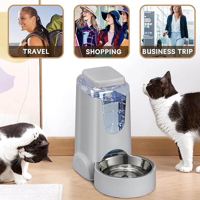 2 Pack Automatic Cat Feeder and Water Dispenser with Stainless Steel Dog Bowl Gravity Self Feeding for Small Medium Pets Puppy Kitten 1 Gallon x 2 (Pink) (grey)