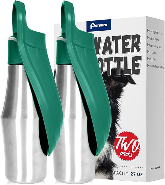 Dog Water Bottle, Portable Dog Water Bottle Dispenser - 27 OZ Stainless Steel Leak-Proof Water Bottle for Dogs On The Go, Perfect for Travel, Walking, Hiking and Outdoor Activities (2-Pack Green)