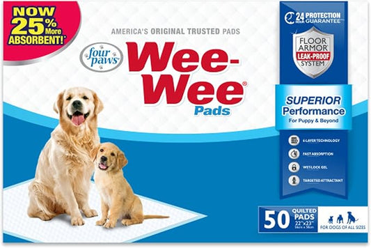Four Paws Wee-Wee Superior Performance Pee Pads for Dogs of All Sizes, Leak-Proof Floor Protection Dog & Puppy Quilted Potty Training Pads, Unscented, 22" x 23" (50 Count)