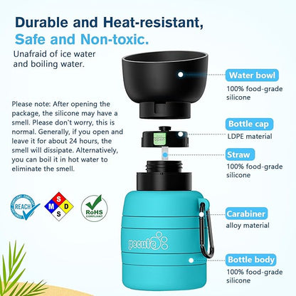 Pecute Dog Water Bottle Portable, 29oz Dog Foldable Water Bottle with Folding Bowl, Carabiner Clip, 5 Levels Capacity, 100% Food Grade Silicone, Dog Water Bottle for Outdoor Walking, Hiking, Travel