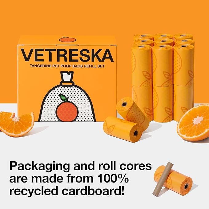 VETRESKA Citrus Scented Dog Poop Bags, Leak Proof, Extra Thick and Large Pet Waste Bags for Dogs Walking, Cat Litter and Babies' Diaper, 300 Count Bags (20 Refill Rolls)， Orange