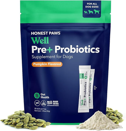 Honest Paws Probiotics for Dogs - Dog Digestion Gut Health Probiotic Powder with Prebiotic Made in The USA, Digestive and Immune Support - Digestive Enzymes with Pumpkin Flavor (30 Sticks)