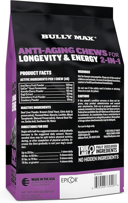 Bully Max 2-in-1 Anti-Aging Multivitamin Chews - Senior Dog Food Supplement for Vitality, Immunity, Joint Support with Postbiotics - Adult Dog Vitamins - 3 Packs, 75 Tasty Soft Chews per Pack