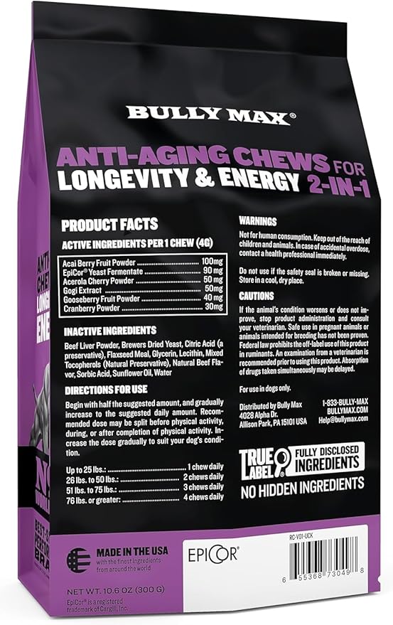 Bully Max 2-in-1 Anti-Aging Multivitamin Chews - Senior Dog Food Supplement for Vitality, Immunity, Joint Support with Postbiotics - Adult Dog Vitamins - 2 Packs, 75 Tasty Soft Chews per Pack