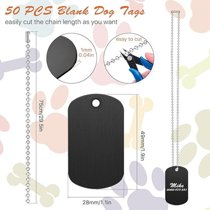 100Pcs Military Dog Tags Set, 50Pcs Personalized Engraved Aluminum Blank Dog Tags and 50Pcs Iron Necklace Chain, Blank Dog Tags for Engraving, Dog Tags for Men, Black