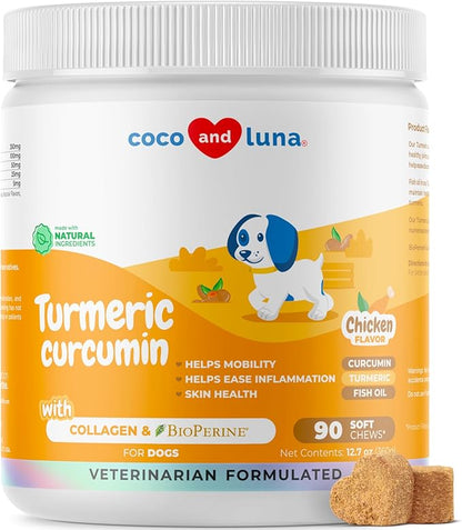 Turmeric Curcumin for Dogs - 90 Soft Chews - with Collagen, BioPerine and Fish Oil - Hip & Joint Support, Ease Inflammation, Antioxidant, Cardiovascular & Liver Support. (Soft Chews)