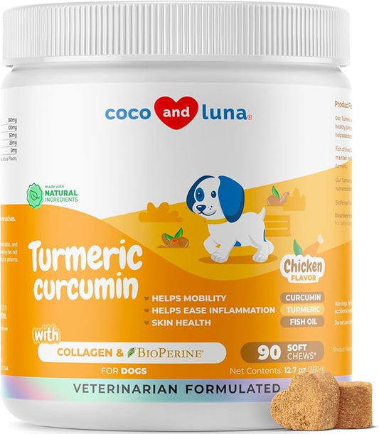 Turmeric Curcumin for Dogs - 90 Soft Chews - with Collagen, BioPerine and Fish Oil - Hip & Joint Support, Ease Inflammation, Antioxidant, Cardiovascular & Liver Support. (Soft Chews)