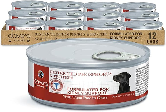 Dave's Pet Food Kidney Support for Dogs with Renal Support (Tuna Pate), Wet Renal Dog Food, Non-Prescription Low Phosphorus, Added Vitamins & Minerals, Vet Formulated (5.5 oz, Pack of 12)