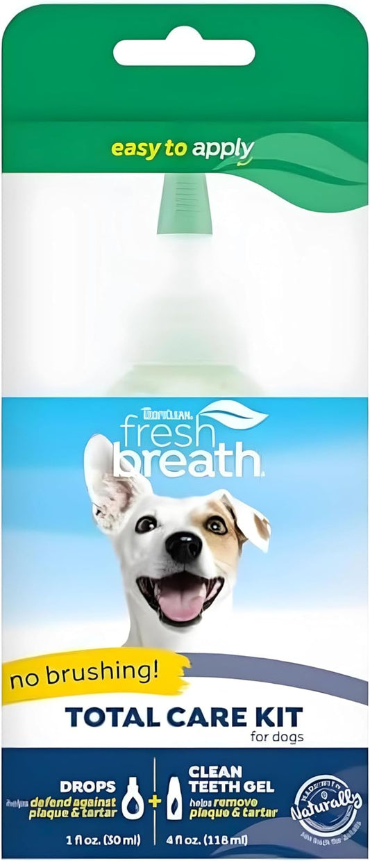 TropiClean Fresh Breath NO BRUSH Total Care Kit | Toothpaste Gel + Water Additive Drops | Helps Freshen Breath & Remove Plaque & Tartar | 4 oz