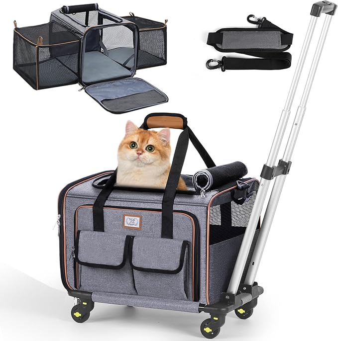 Lekereise Airline Approved Cat Dog Carrier with Wheels Expandable Rolling Pet Carrier for Medium Dogs and Cats Under 15 25LBS, Pet Travel Carrier on Wheels, Grey