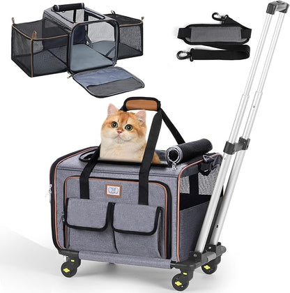 Lekereise Airline Approved Cat Dog Carrier with Wheels Expandable Rolling Pet Carrier for Medium Dogs and Cats Under 15 25LBS, Pet Travel Carrier on Wheels, Grey