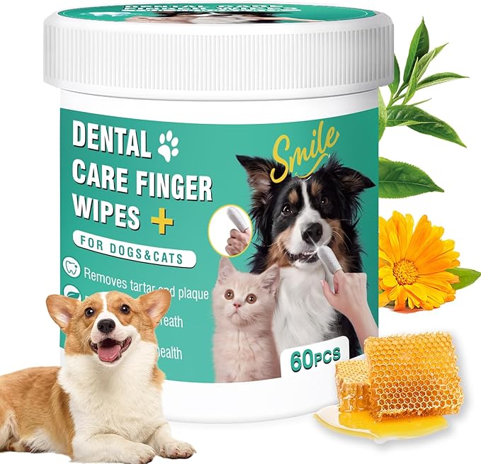 Dog Teeth Cleaning Wipes, Pre-Soaked Pet Tooth Finger Wipes 60pcs, Soothing Cleaning Pet Teeth, Reducing Tartar and Plaque, Freshening Breath, Maintaining Your Dog's Oral Health