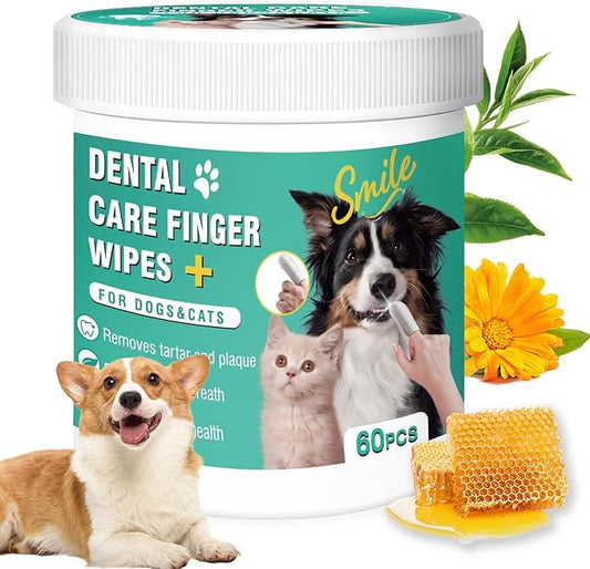 Dog Teeth Cleaning Wipes, Pre-Soaked Pet Tooth Finger Wipes 60pcs, Soothing Cleaning Pet Teeth, Reducing Tartar and Plaque, Freshening Breath, Maintaining Your Dog's Oral Health