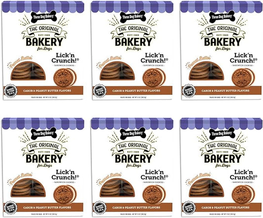 Three Dog Bakery Lick'n Crunch Baked Dog Treats, Carob and Peanut Butter Flavor, 13 Ounce Box, 6-Pack (114059)